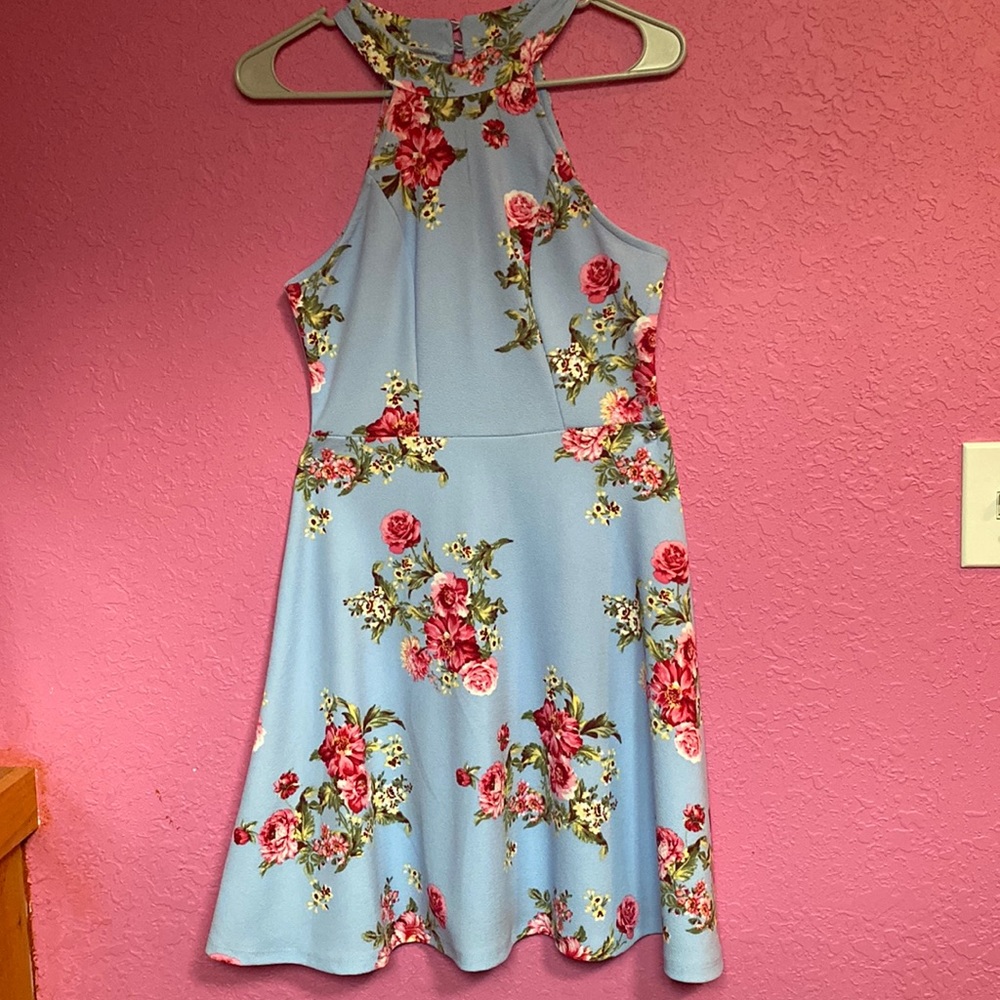 Size S blue dress with pink flowers and green leaves on it Brand No boundaries.